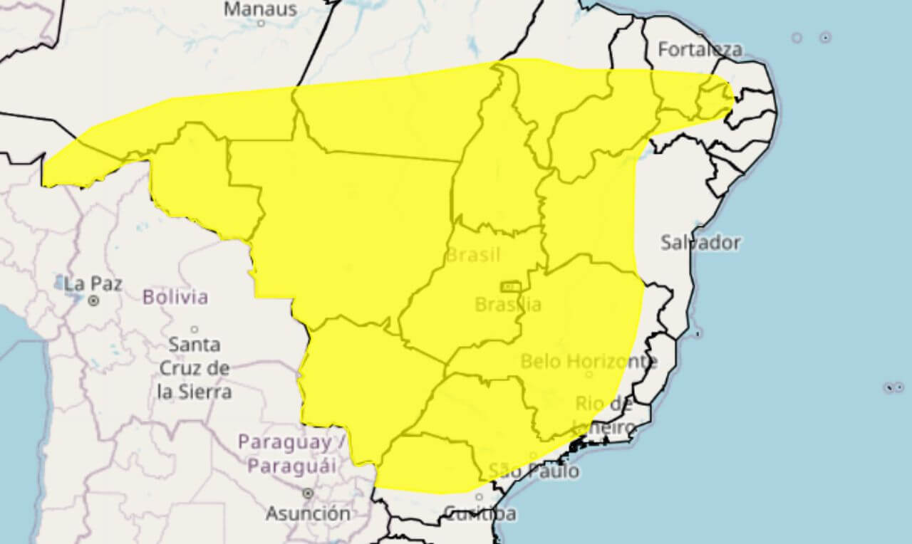 Alerta amarelo para baixa umidade relativa do ar em grande parte das regiões brasileiras