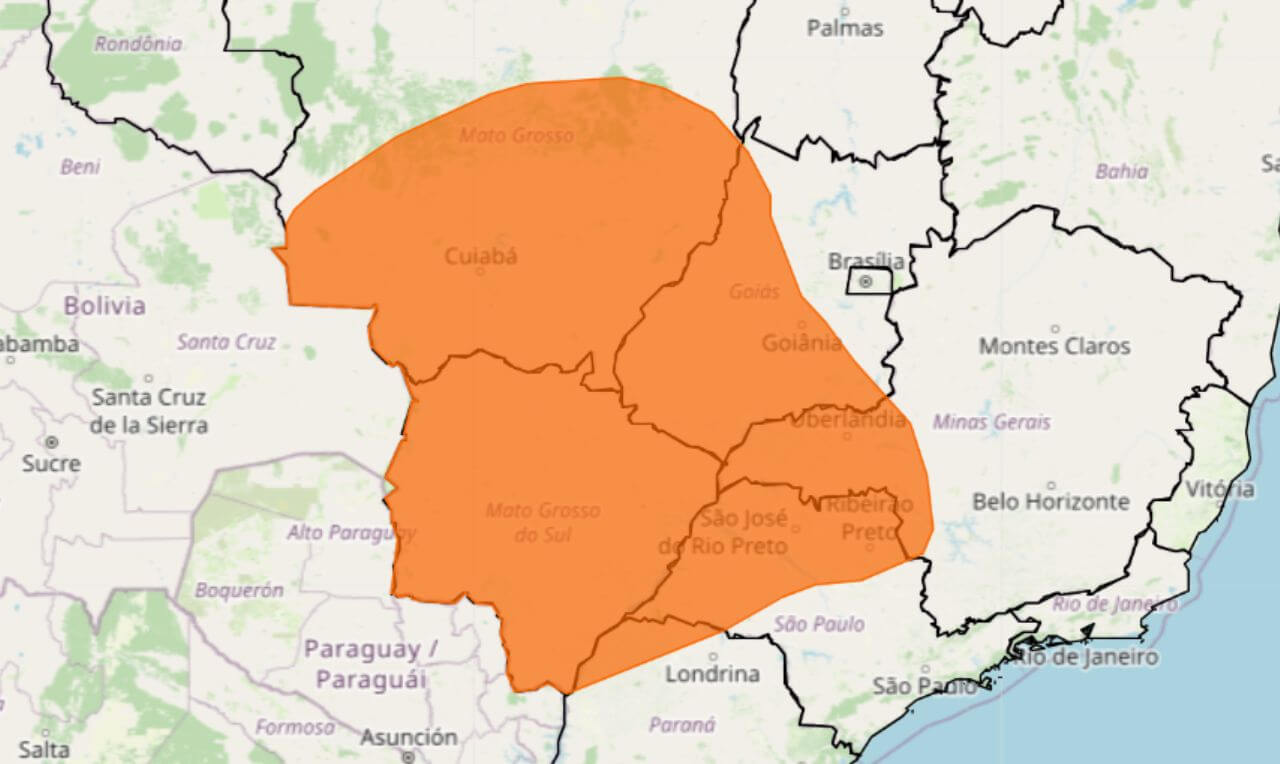 Alerta laranja para baixa umidade relativa do ar em áreas da região Centro-Oeste, Sudeste e PR
