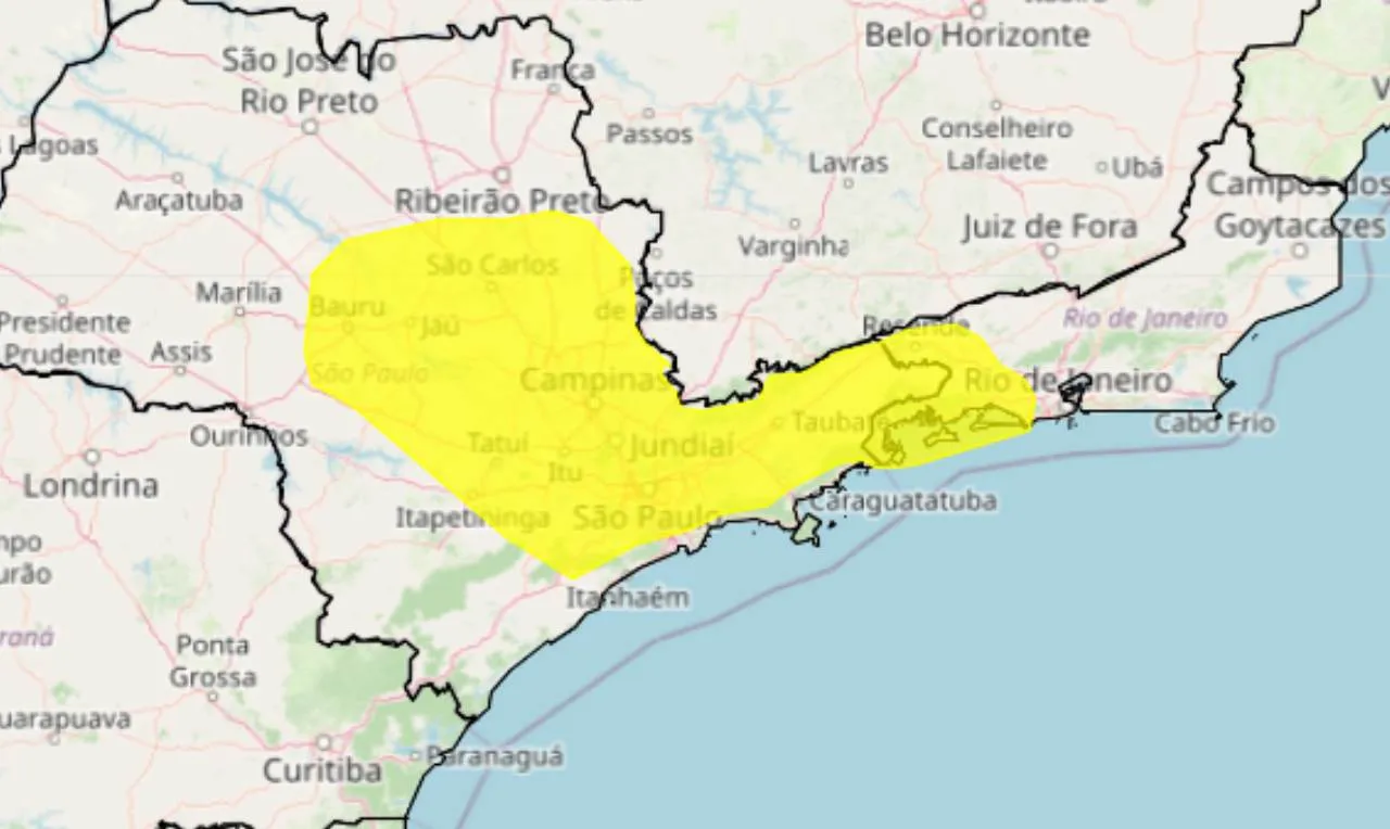 Alerta amarelo para vendaval entre 40 a 60 km/h em partes do estado de SP e RJ