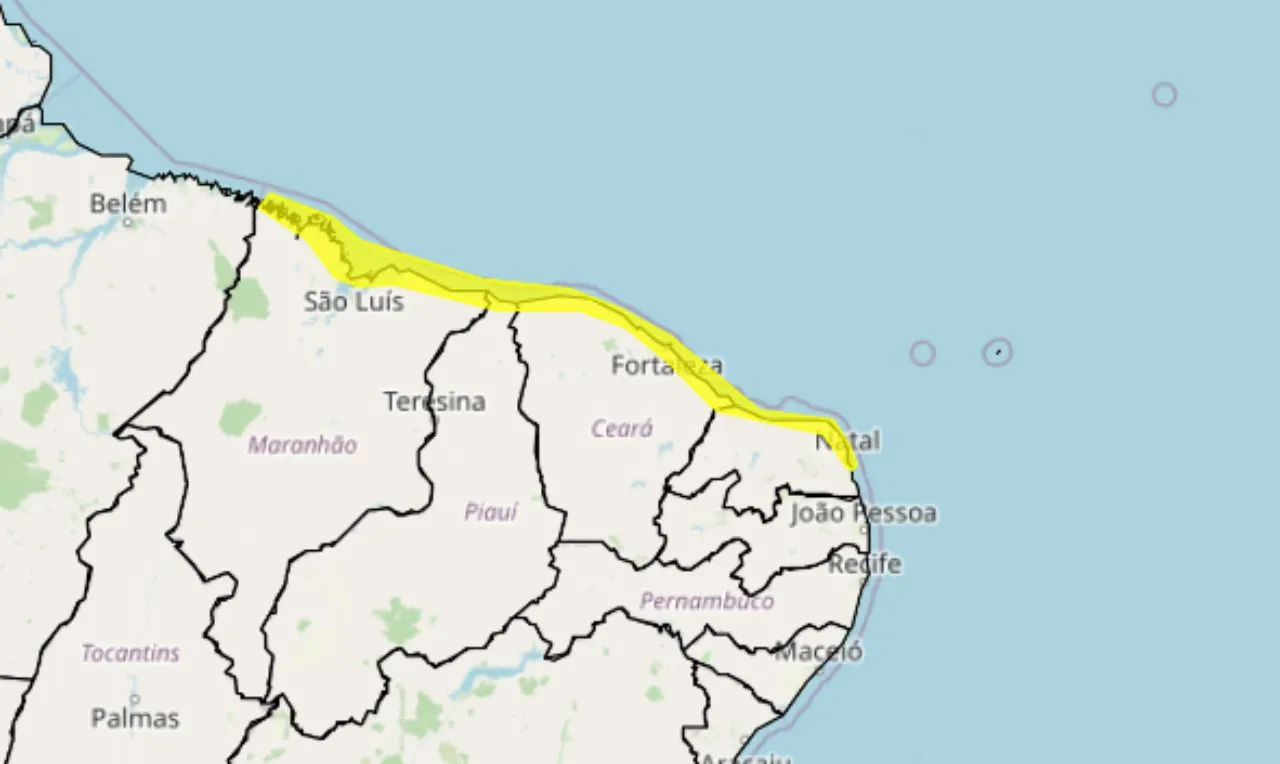 Alerta de ventos intensos nas áreas litorâneas do MA, PI, CE e RN