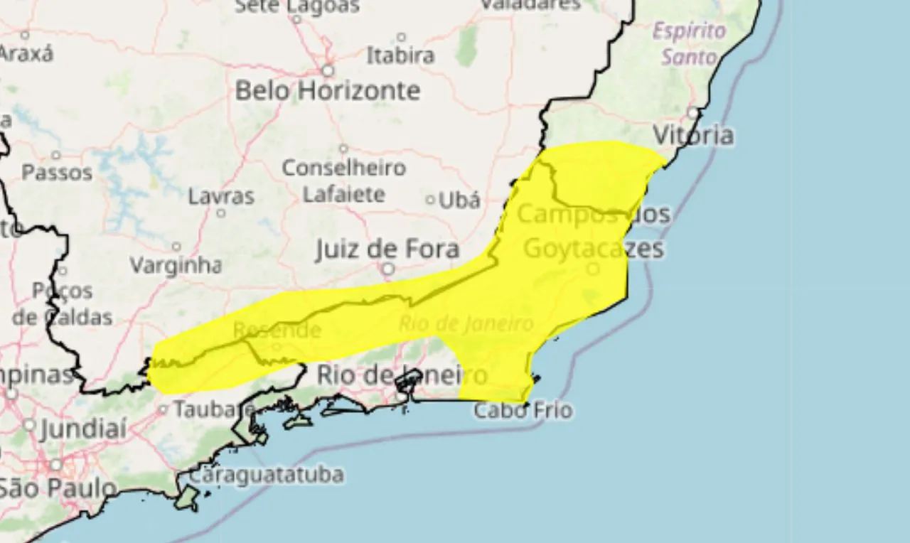 Alerta amarelo para chuva intensa e rajadas de ventos em partes de MG, ES, SP e RJ