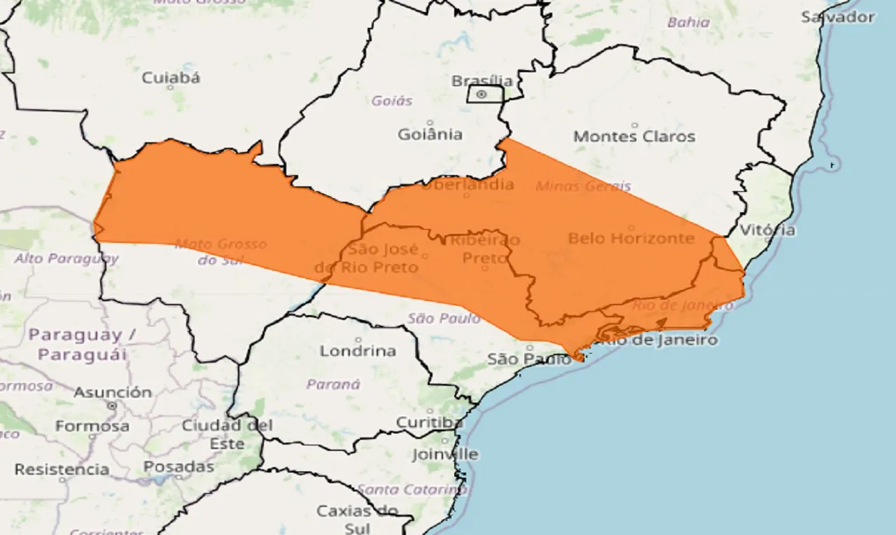 Alerta laranja para tempestade, ventos e raios em partes de MG, SP, RJ, ES e MS