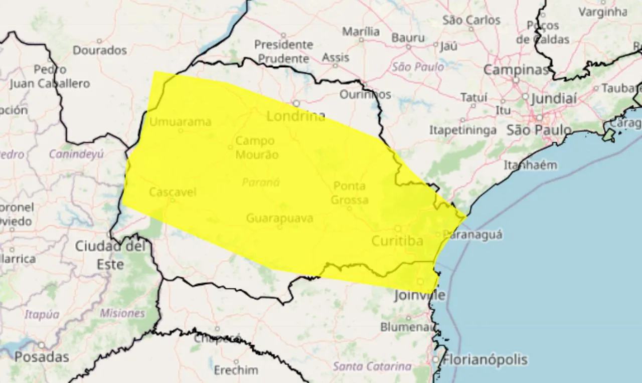 Alerta amarelo para temporais e chuva intensa no PR e partes de SC, SP e MS