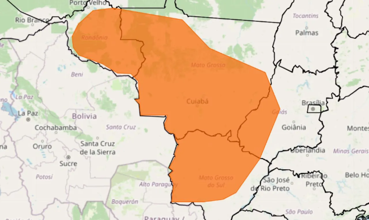 Alerta laranja para chuva intensa em partes do MT, MS, GO e RO