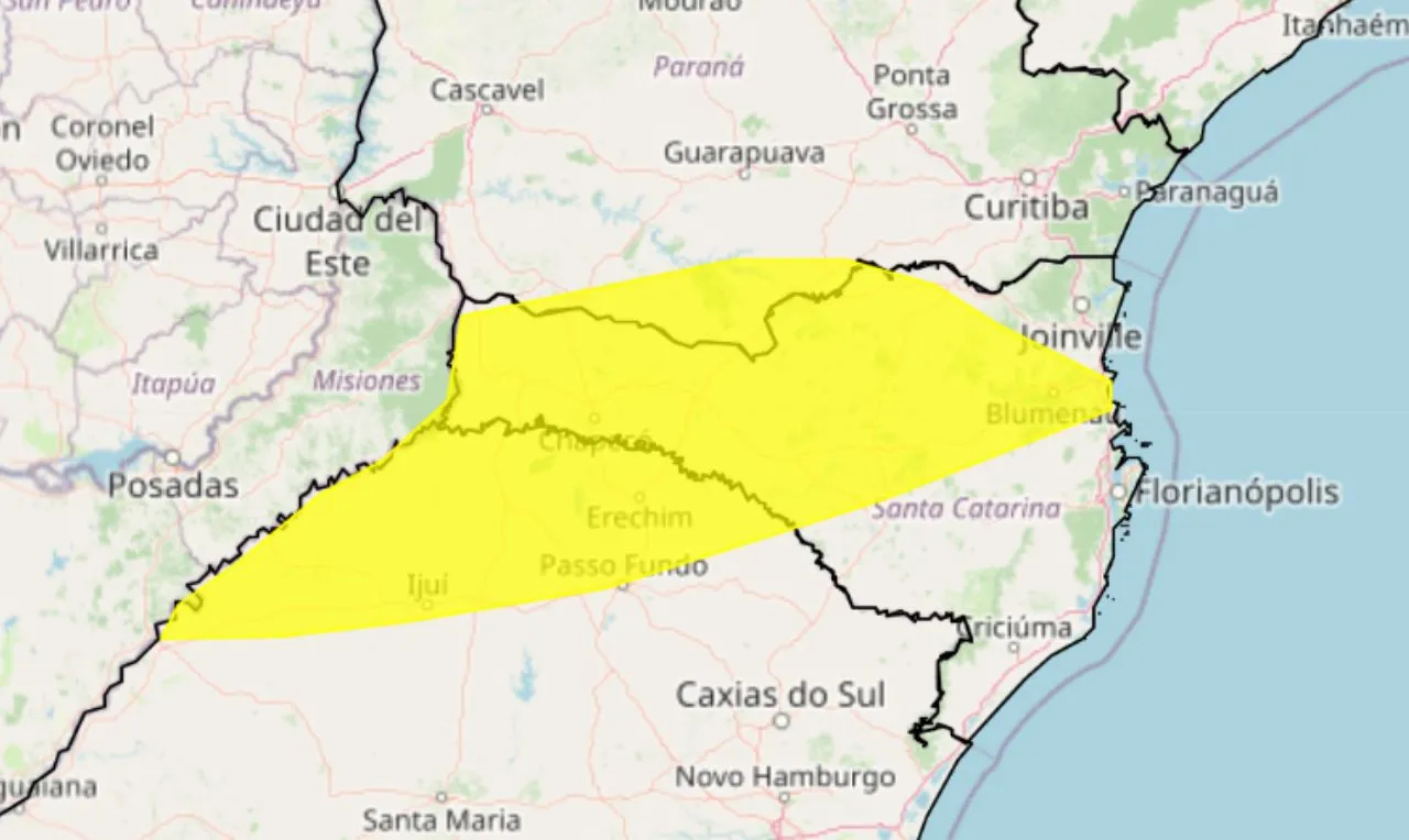 Alerta amarelo para chuvas intensas e ventos de 40-60 km/h na região Sul do Brasil 