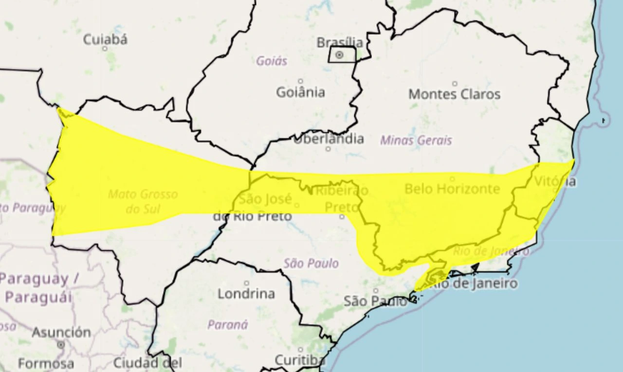 Alerta amarelo para chuvas intensas e ventos de 40-60 km/h em partes de MG, ES, RJ, SP e MS