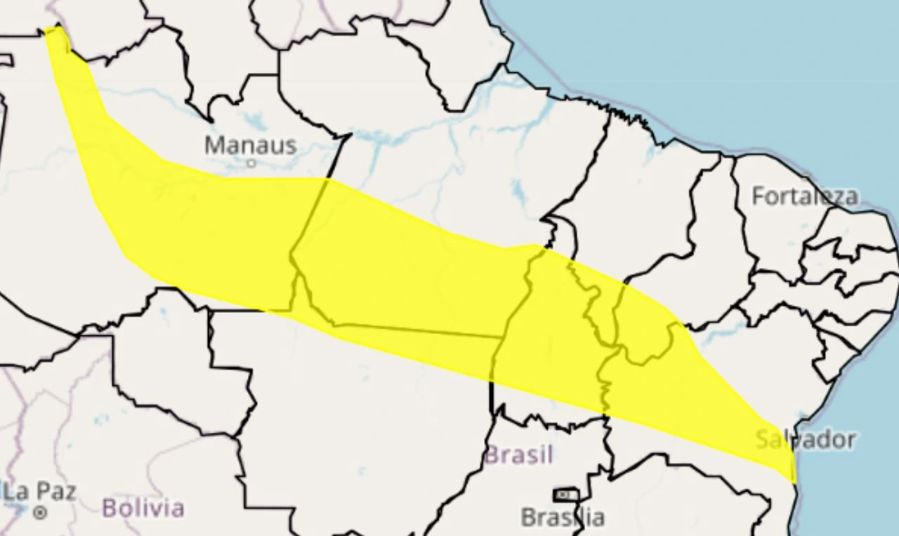 Alerta amarelo para chuvas e ventos intensos, risco de alagamentos em partes das regiões Norte, Nordeste e Centro-Oeste