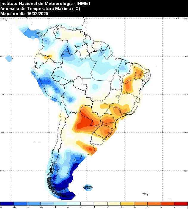 A imagem mostras as áreas que tiveram temperaturas altas durante o domingo (16)