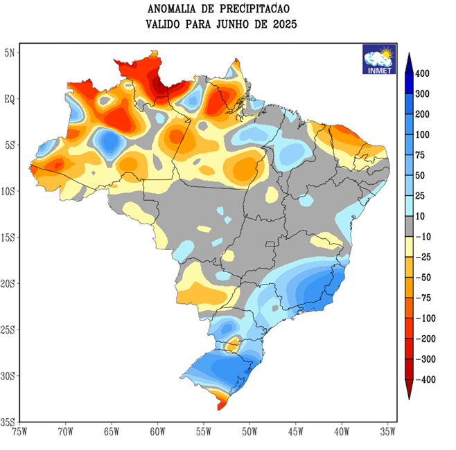 A mapa mostra as anomalias de chuva durante o mês de junho