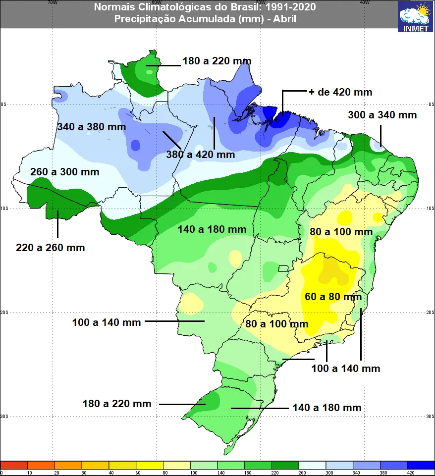 A imagem mostra os índices de precipitações normais no mês de Abril para o Brasil