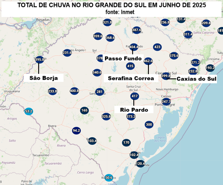 A mapa mostra as áreas com o total de acúmulos de chuva nas regiões do RS