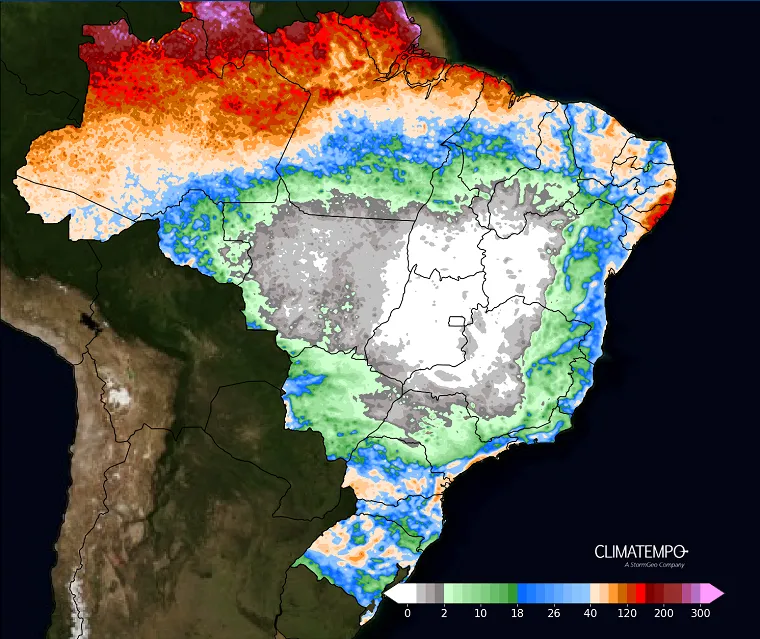 A imagem mostras as áreas com expectativa para chuva durante este tempo