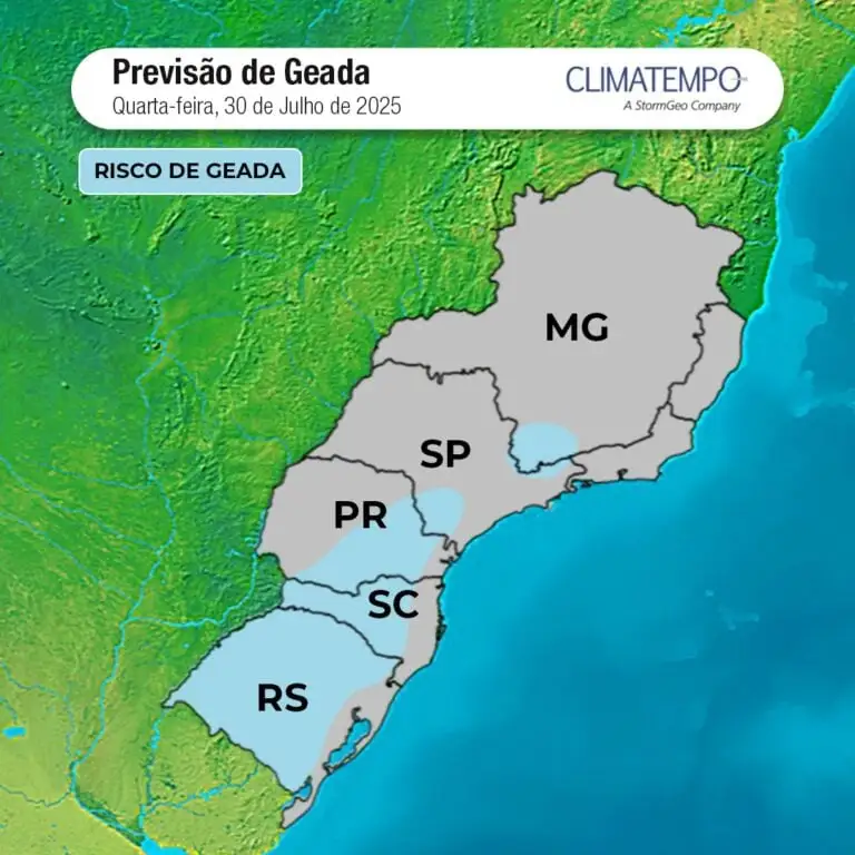 O mapa mostra as áreas em alerta para ocorrência de geada