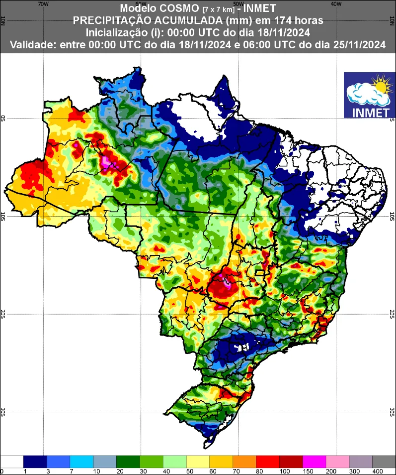  Mapa indicando a previsão do tempo no Brasil dos dias 18 a 25 de novembro