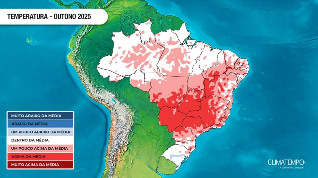 A imagem mostra as áreas em com temperaturas acima da média para estação