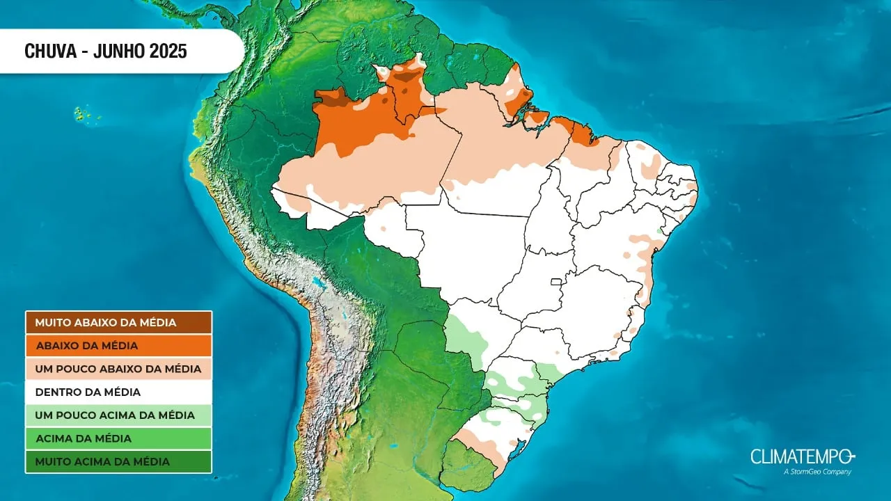 A imagem mostra as áreas em alerta para chuva durante o mês de junho