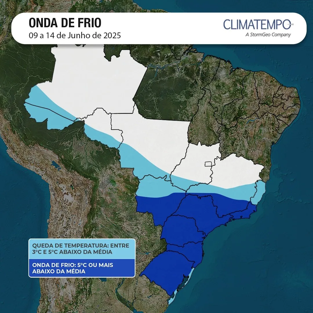A imagem mostra o mapa e as áreas em alerta para queda de temperatura