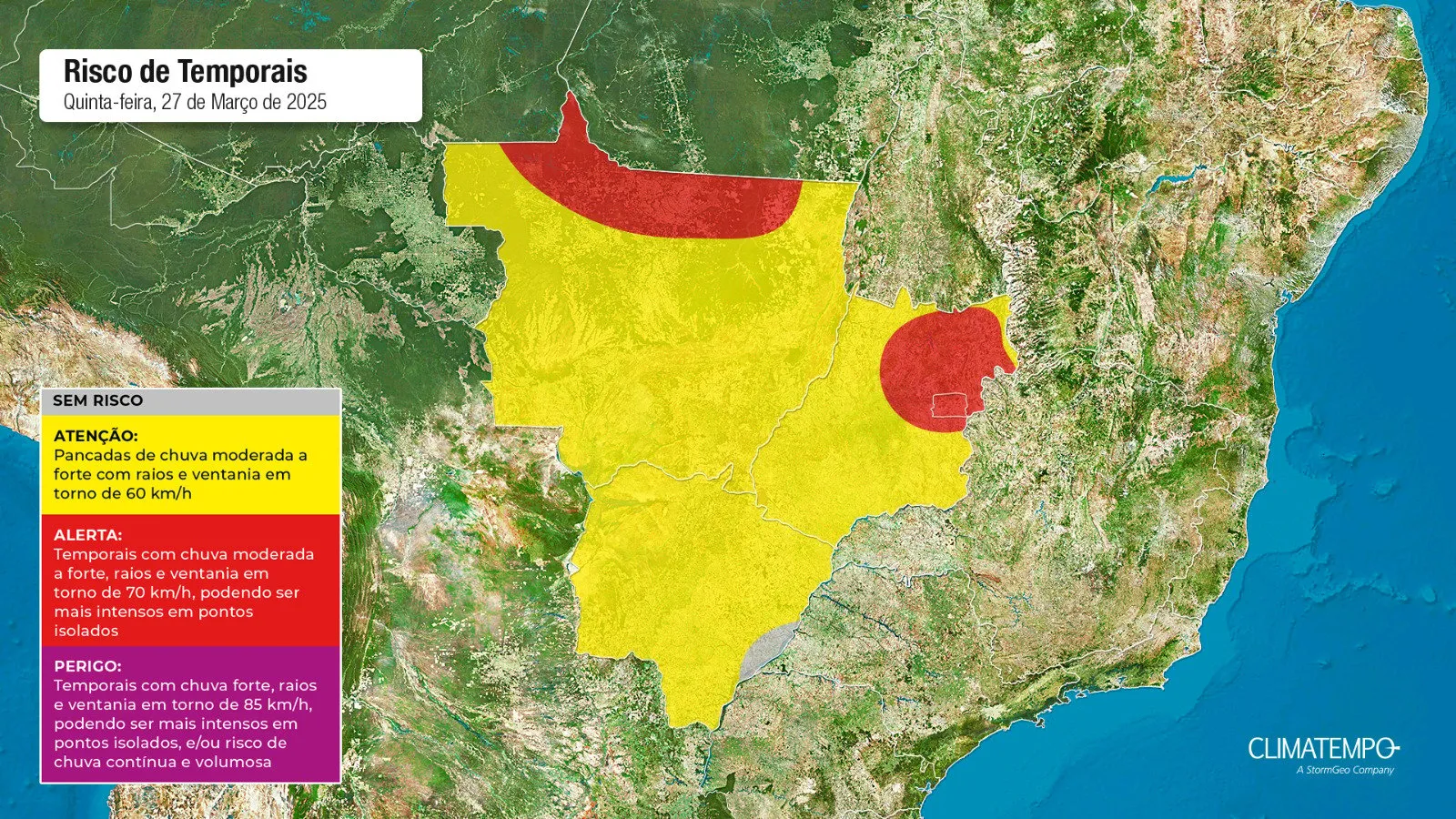 A imagem mostra as áreas em alerta para chuva intensa 
