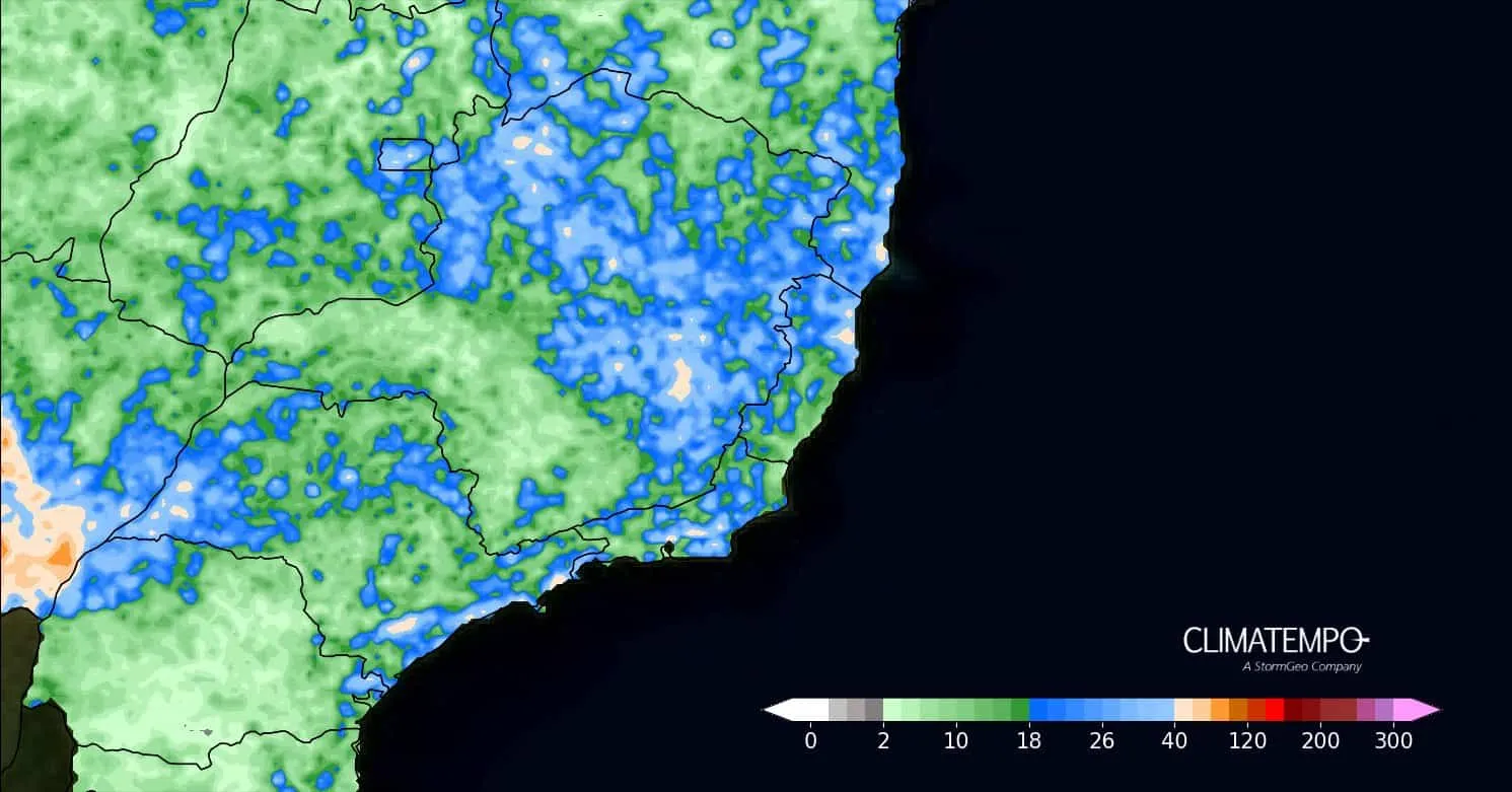 A imagem mostra ás áreas para ocorrência de chuva