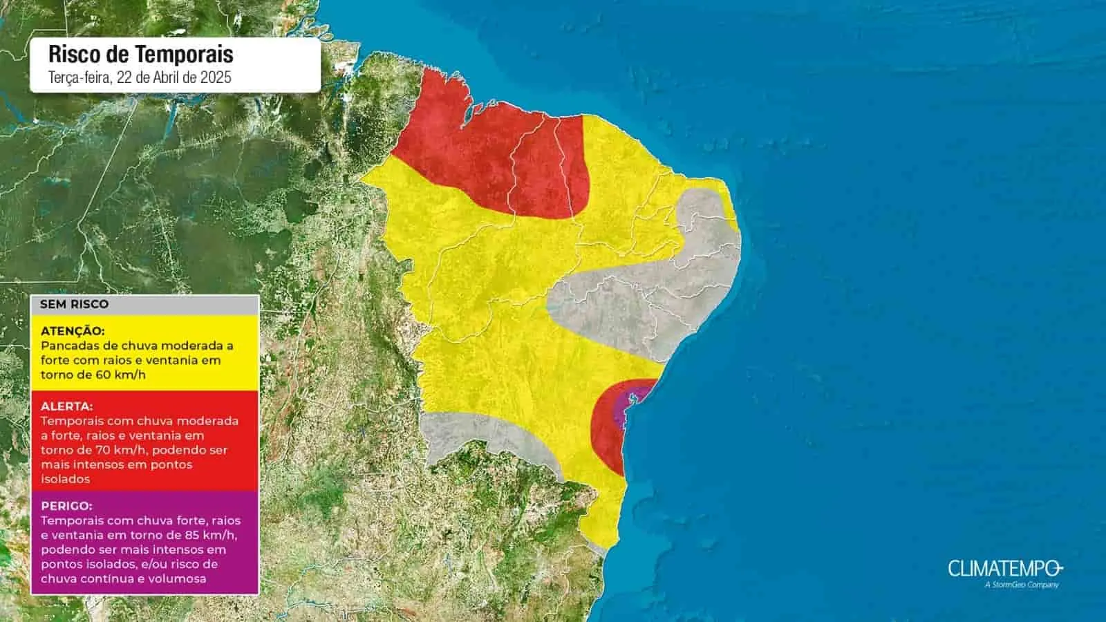 A imagem mostra as áreas para risco de temporais
