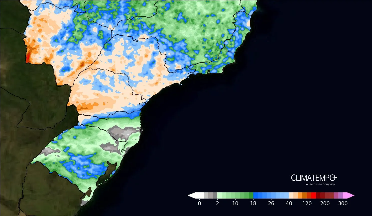 A imagem mostra as áreas em alerta para chuva intensa no centro-sul do país 