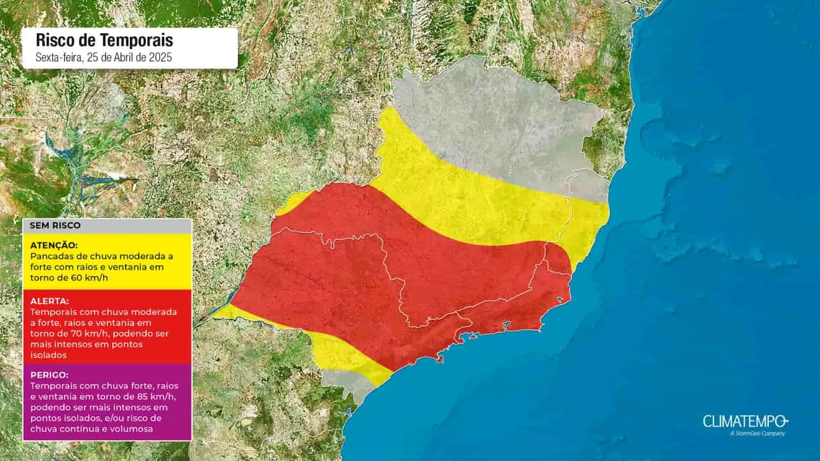 A imagem mostra as áreas em alertas para tempestade no sudeste