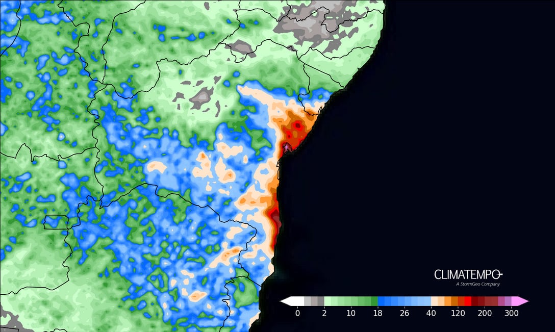A imagem mostra as áreas de precipitações em áreas da Bahia