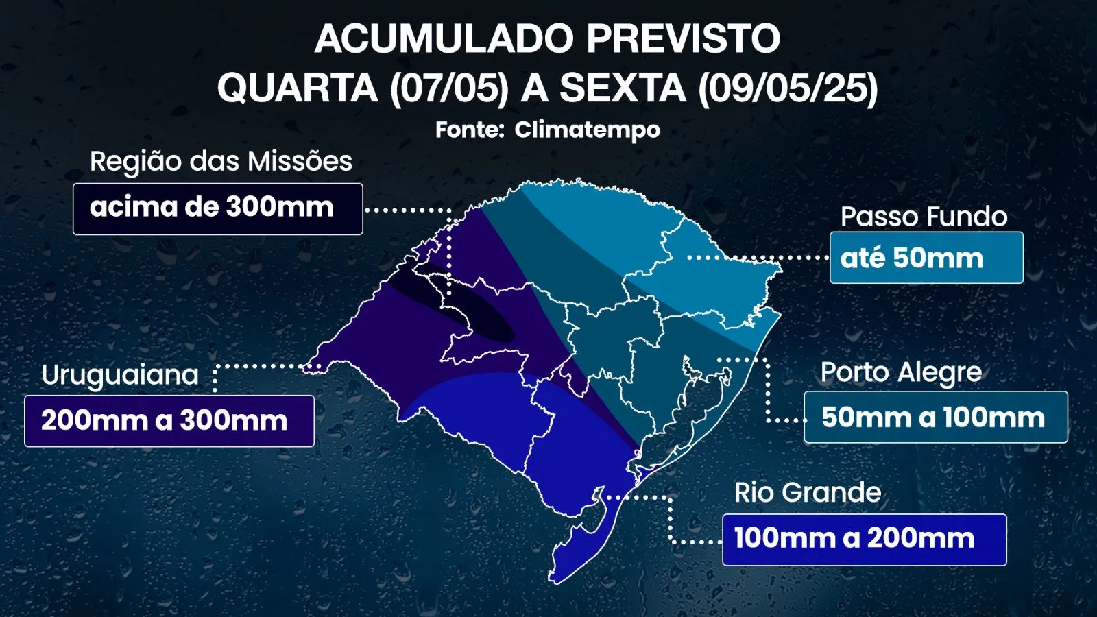 A imagem mostra as áreas em alertas para acumulados de chuva significativos