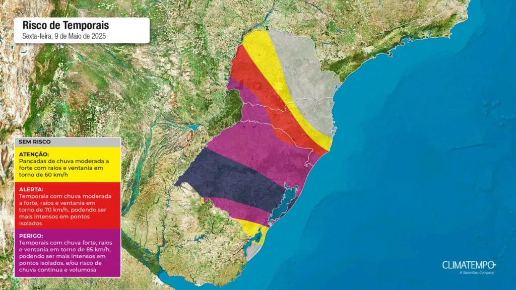 O mapa mostra as áreas em alerta para chuva intensa