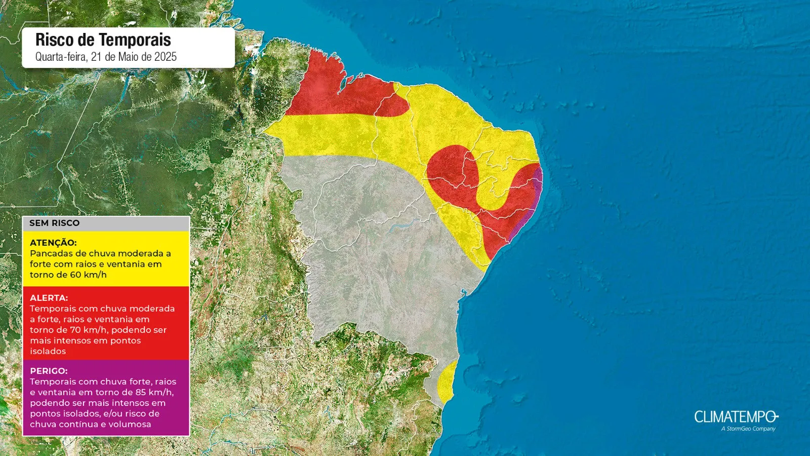 A imagem mostra as área em alerta para chuva intensa 