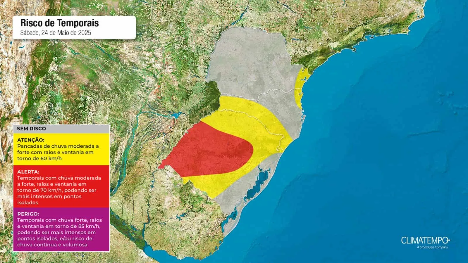 A imagem mostra as áreas em alerta para chuva intensa e moderada no Rio Grande do Sul