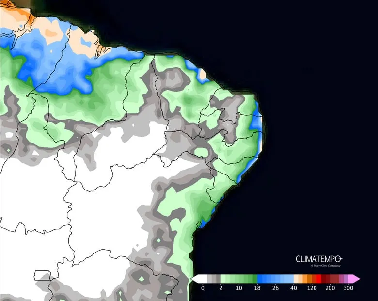A imagem mostra as áreas em alerta para chuva intensa
