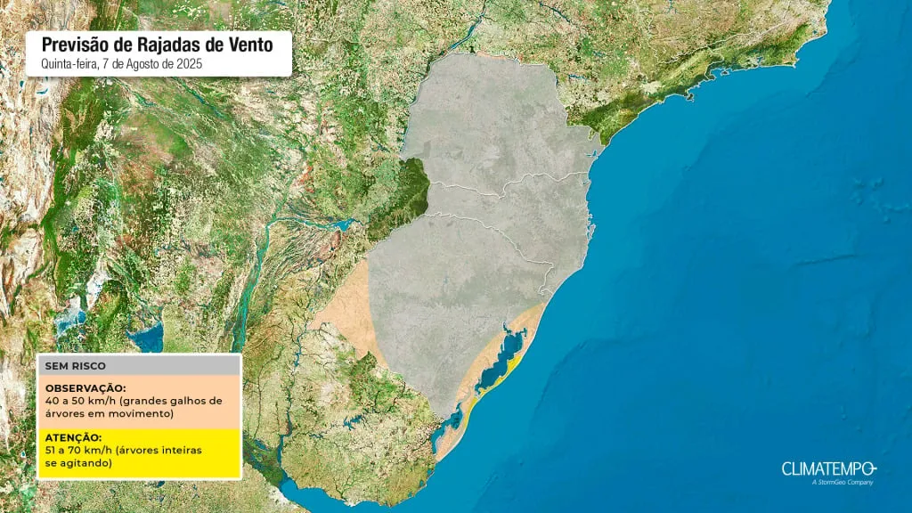 A alerta mostras as áreas que podem ter rajadas de ventos