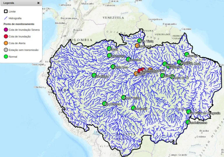 Mapa de monitoramento das cotas dos rios da região Norte do Brasil