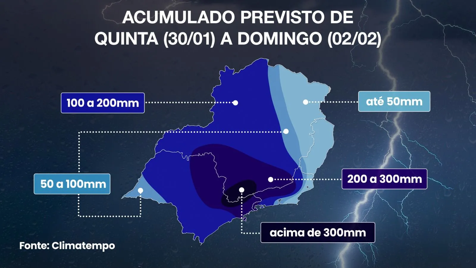 A imagem mostra as áreas que estão previstos os acumulados extremos e chuva
