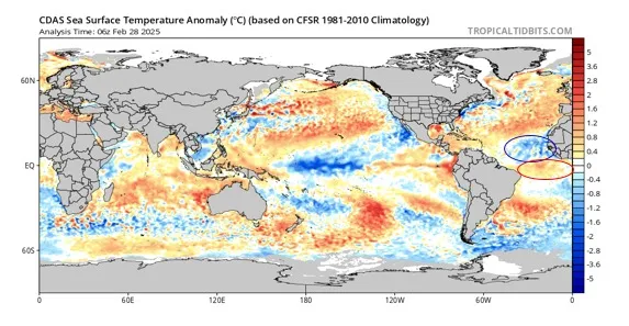 A imagem mostras as áreas com precipitações e anomalias