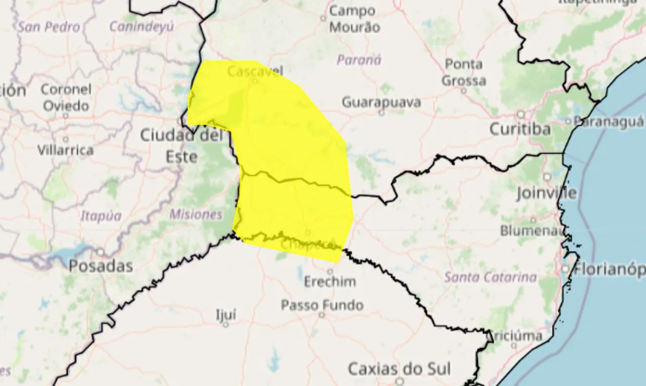 Trata-se de um alerta amarelo para acumulado de chuva na região Sul do país