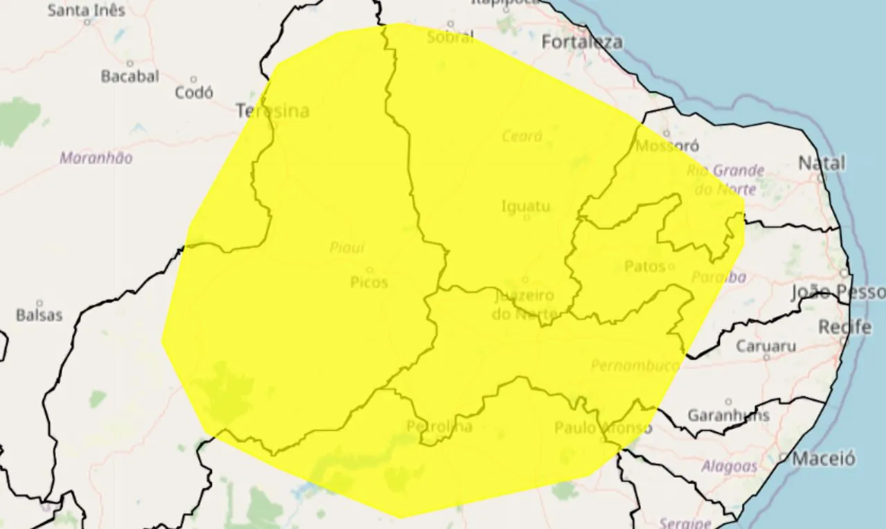 Trata-se de um alerta amarelo que indica baixa umidade em parte da região Nordeste