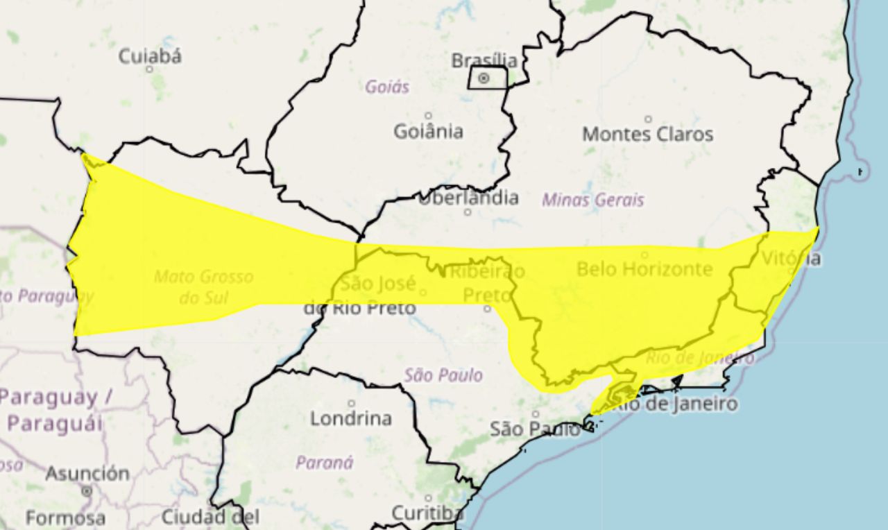 Trata-se de um alerta amarelo para chuvas intensas e ventania nas regiões Centro-Oeste e Sudeste