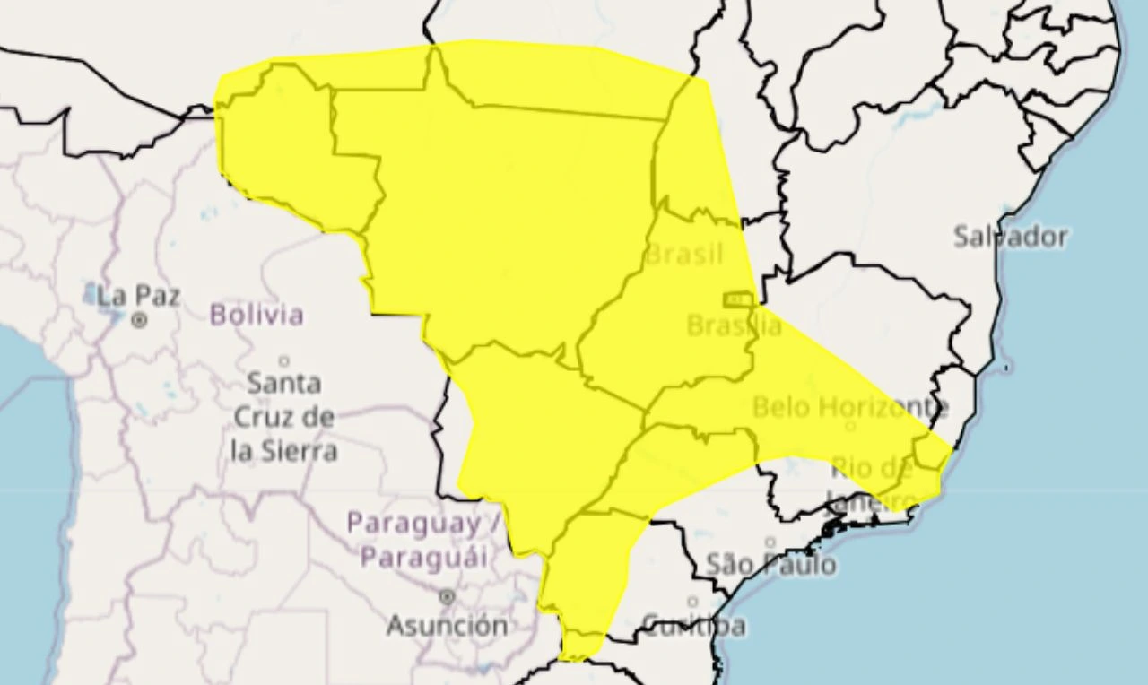 Trata-se de um alerta amarelo para chuvas e ventos intensos em grande parte do país