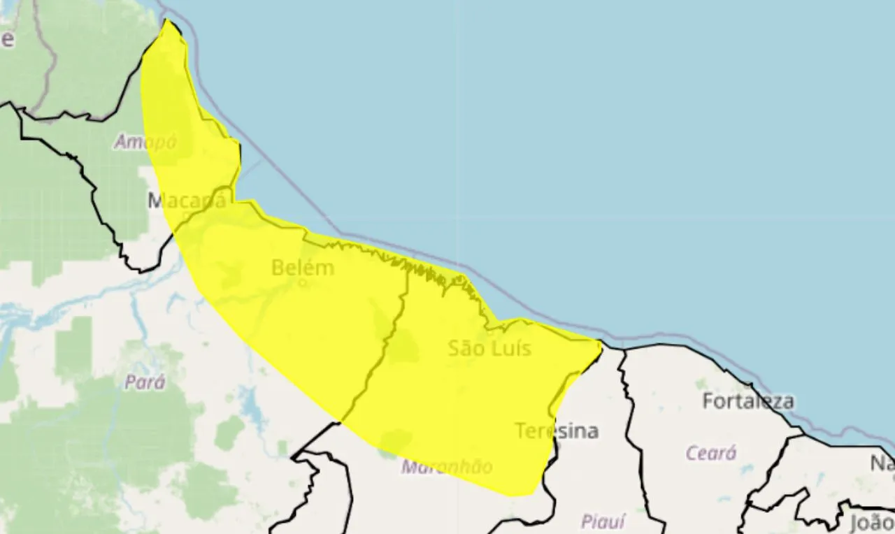 Trata-se de um alerta amarelo para chuvas intensas, ventania e risco de alagamentos, nas regiões Norte e Nordeste