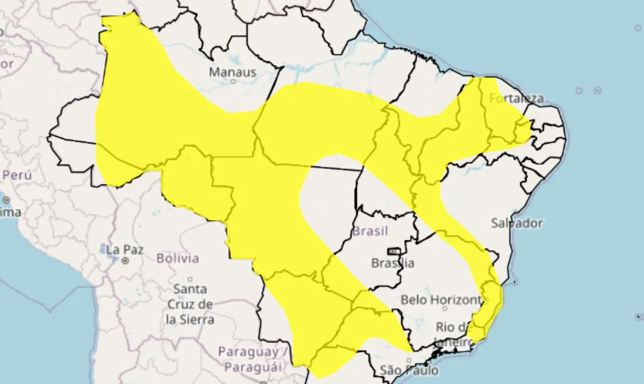 Trata-se de um alerta amarelo para chuva intensa e ventania em grande de parte do Brasil