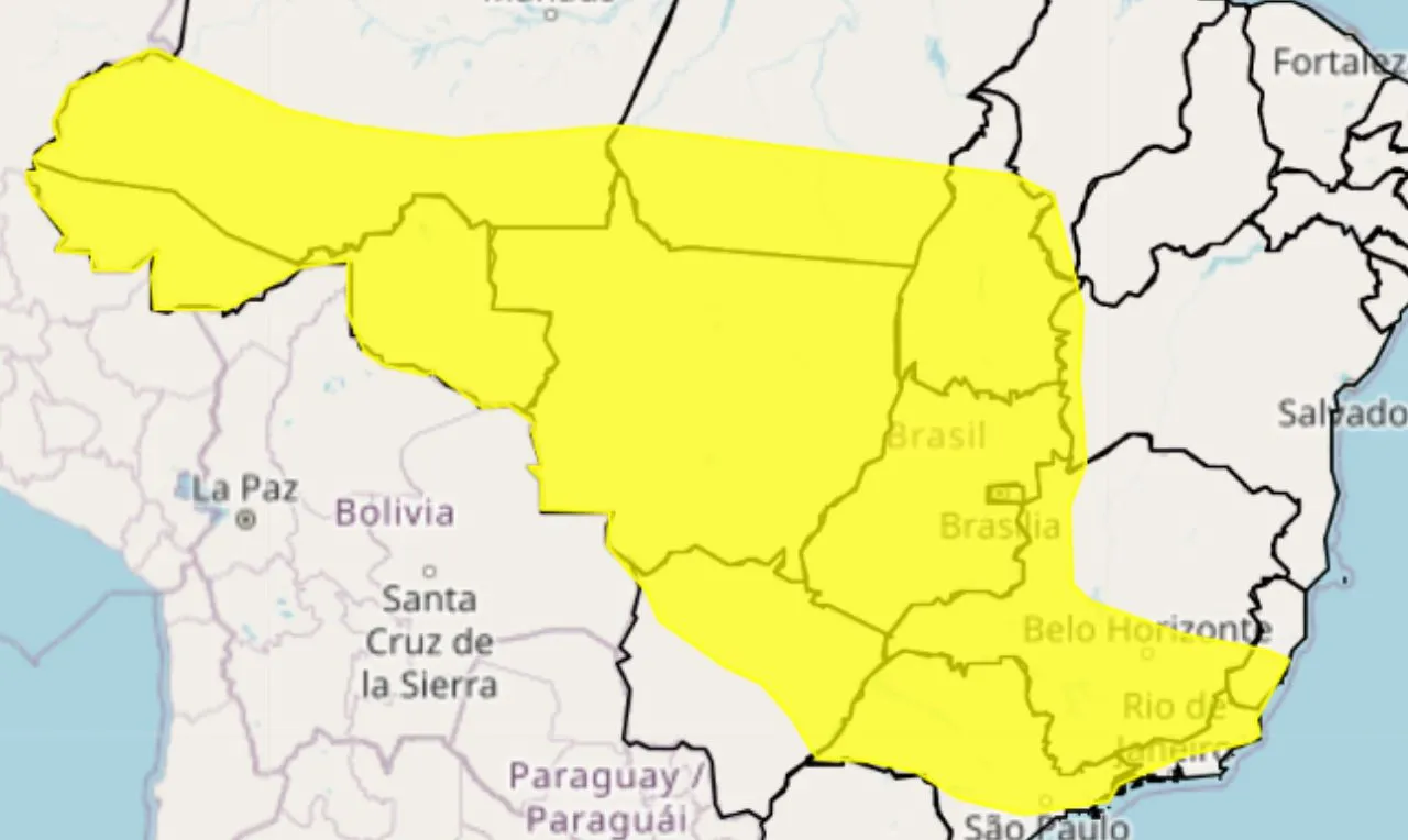 Trata-se de um alerta amarelo para chuva intensa e ventania nas regiões Norte, Nordeste, Centro-Oeste e Sudeste