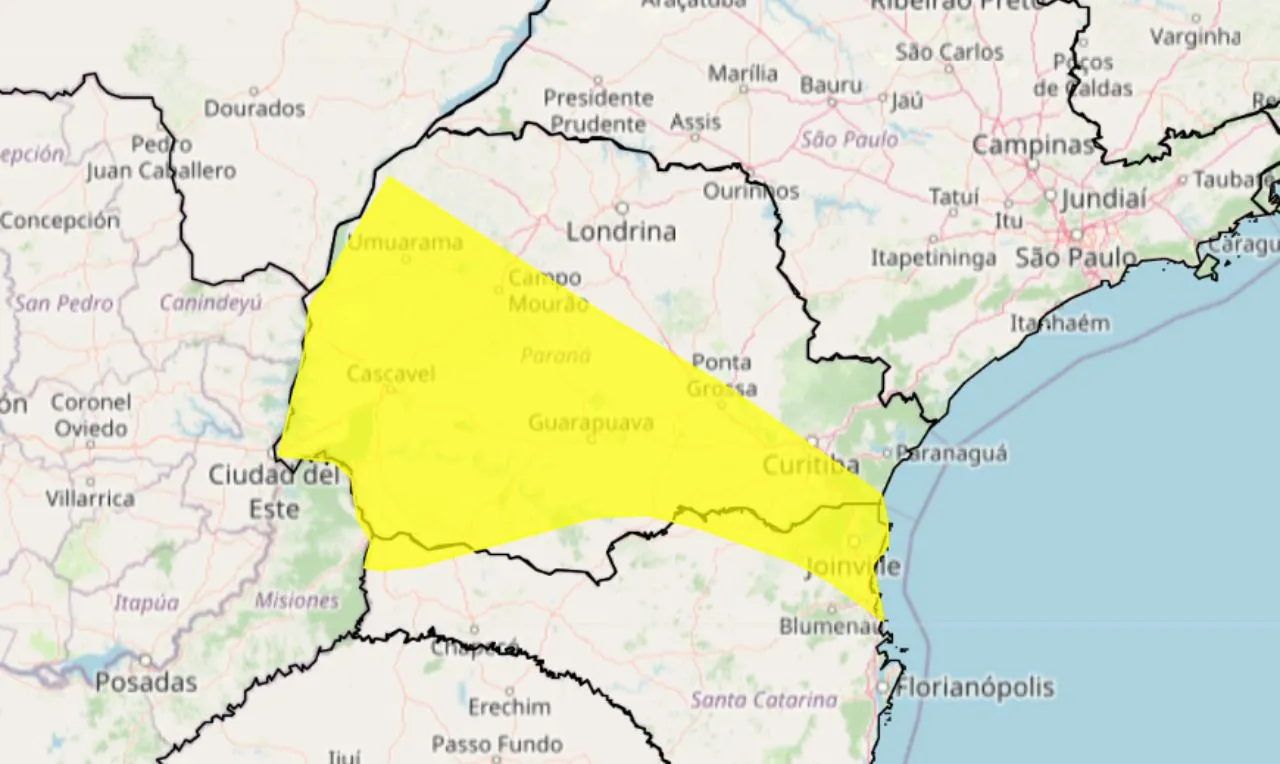 A imagem mostra um alerta amarelo para chuvas intensas, ventania e risco de raios e alagamentos em parte do Mato Grosso do Sul, Paraná e Santa Catarina