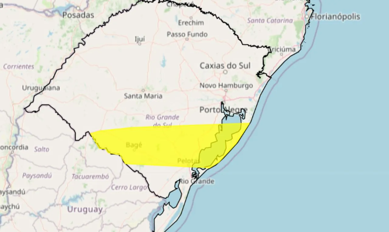 Trata-se de um alerta amarelo indicando fortes chuvas e ventania no estado do Rio Grande do Sul