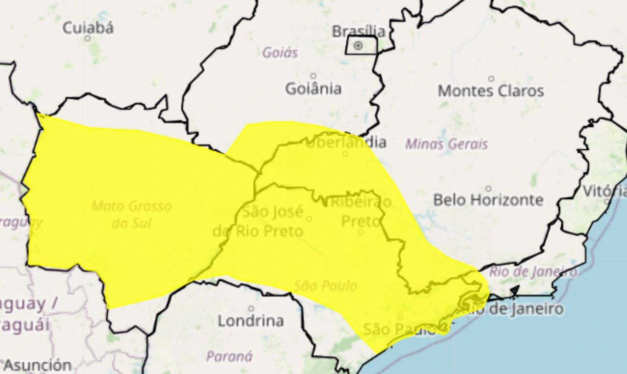 Trata-se de um alerta amarelo para tempestade, ventania e granizo em partes de MG, SP, RJ, GO e MS 