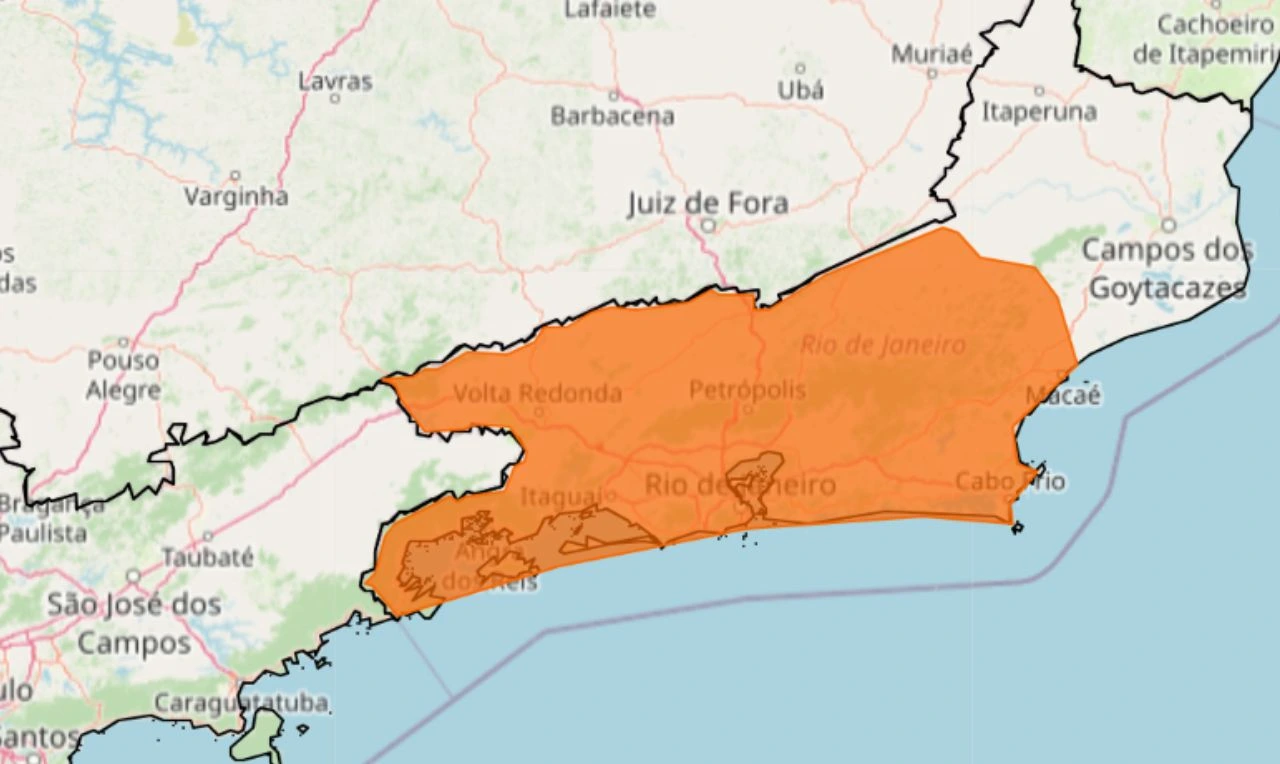 Trata-se de uma alerta laranja para acumulados de chuva em partes de São Paulo e Rio de Janeiro