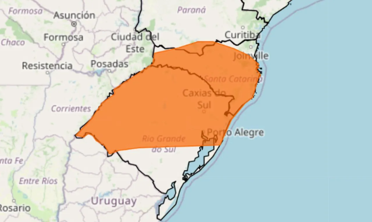 A imagem mostra um alerta laranja para chuvas intensas, ventania, alagamentos e deslizamentos no sul do país