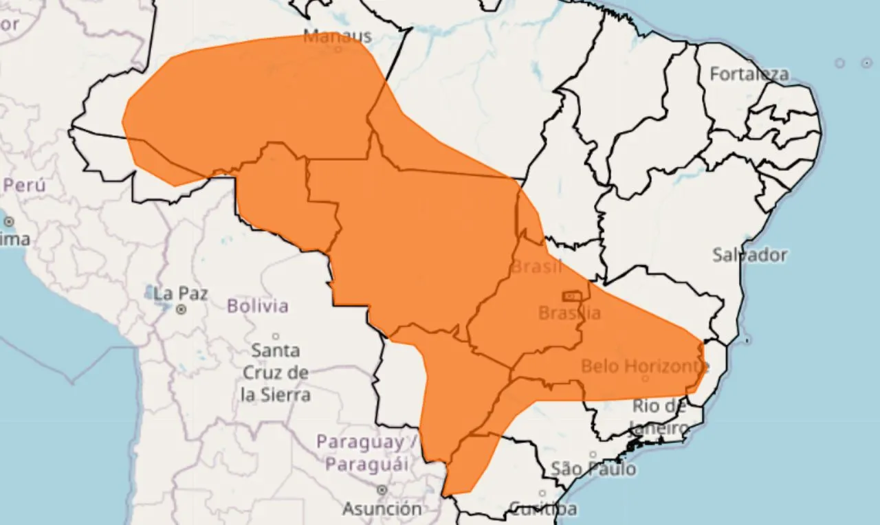 Trata-se de um alerta laranja para chuvas e ventos intensos, com risco de raios e alagamentos nas regiões Norte, Centro-Oeste, Sudeste e Sul do país.