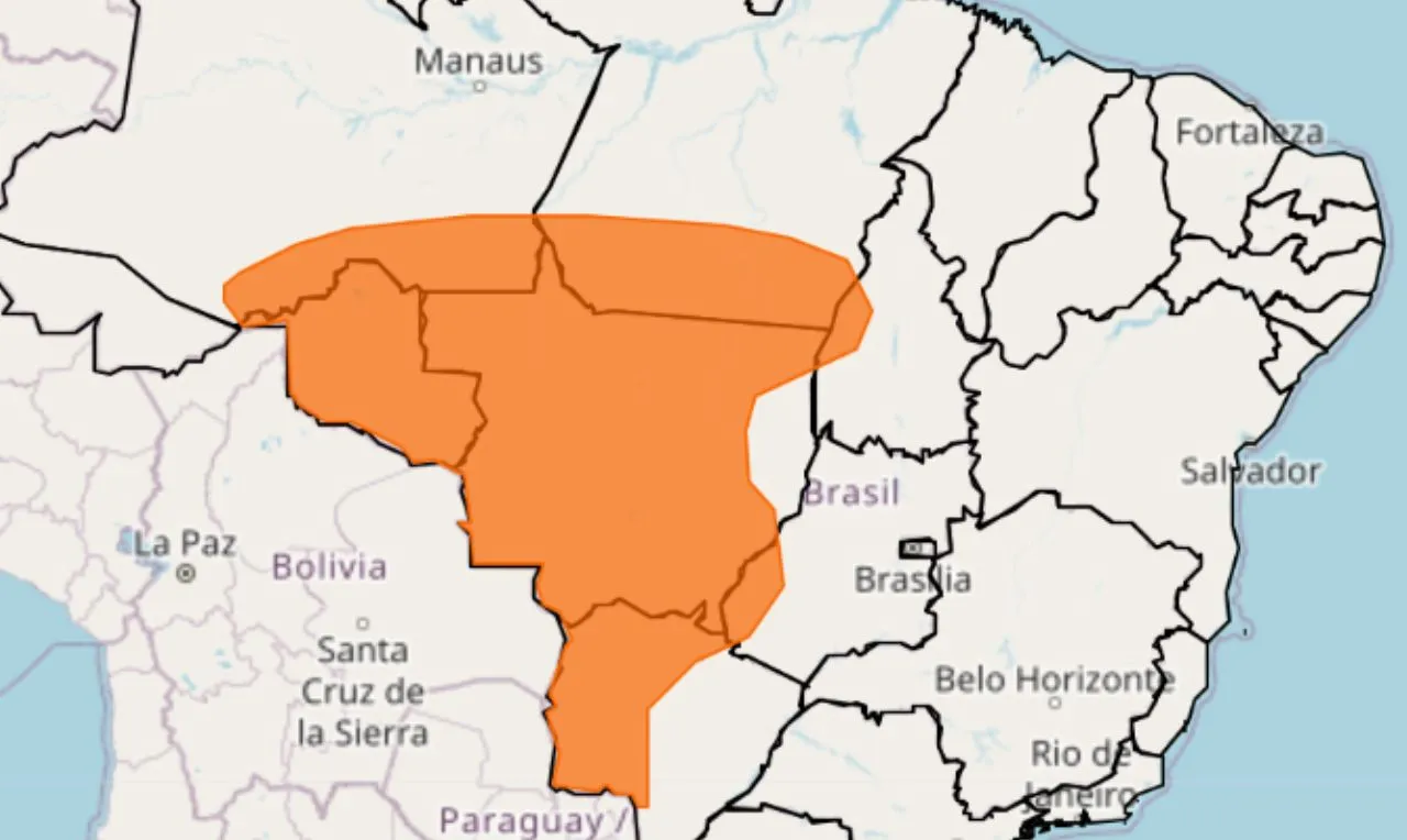 Trata-se de um alerta laranja indicando chuvas intensas e ventania nas regiões Norte e Centro-Oeste do país